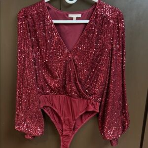 Skies Are Blue Burgundy Sequin Bodysuit. XS